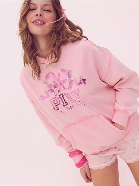 🎀PINK Victoria's Secret~Light Pink Floral Logo Pullover Hoodie SIZE M